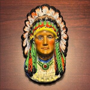 Colorful Native American Man Chief Wall Pocket Decor Vintage